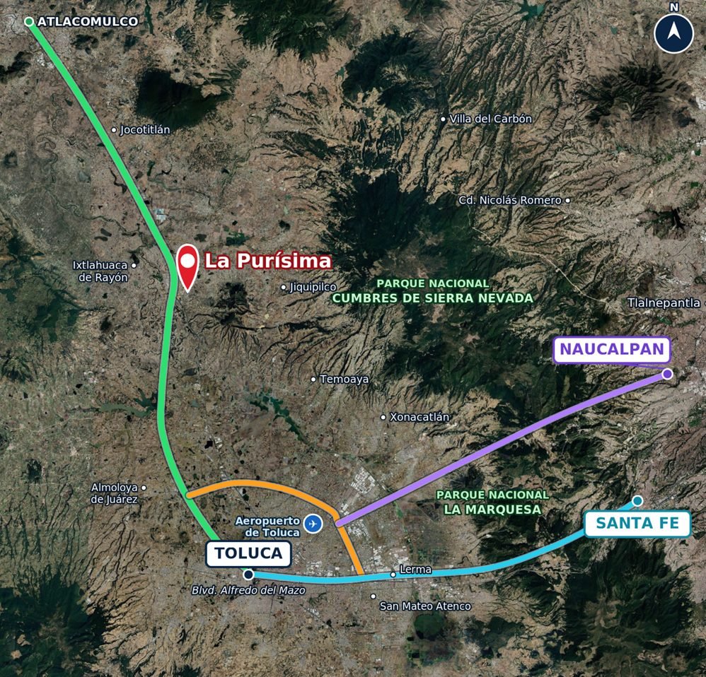 Mapa de rutas a Hacienda La Purísima desde Toluca, Santa Fe, Naucalpan y Atlacomulco